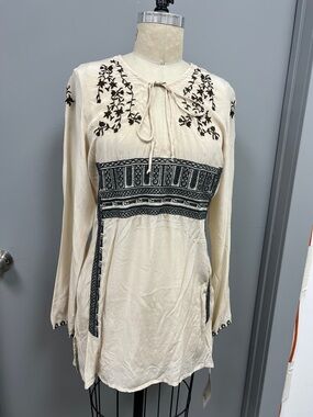 Embroidered Cream Peasant Tunic with Black Trim